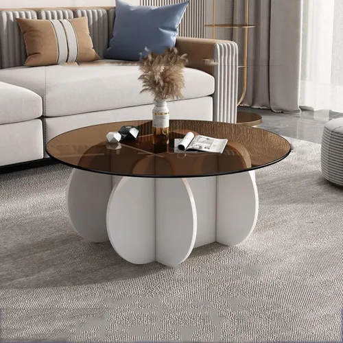 Vista 21 de HM&DX Mesa auxiliar redonda de cristal, base de madera maciza y parte superior de vidrio templado transparente, mesa auxiliar de café, mesa central