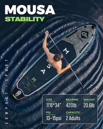 Vista 2 de MOUSA 11'6“x35 Extra Wide Inflatable Stand Up Paddle Board, Stable Long SUP for 2 People/Family, Shoulder Strap, 3/5 Handles, 100L Backpack