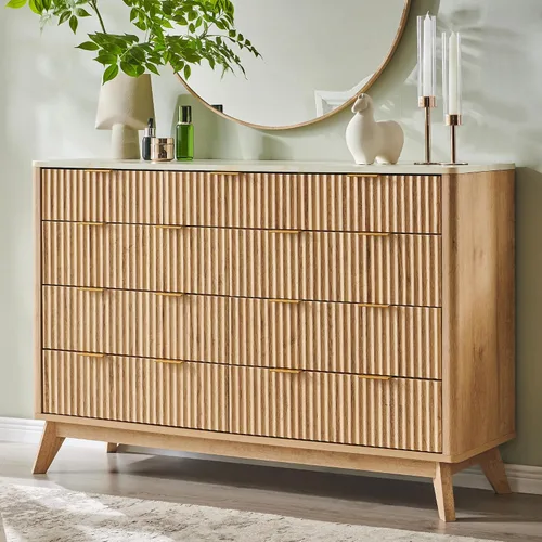 Vista 26 de T4TREAM Cómoda acanalada de 3 cajones, cómoda moderna de 32 pulgadas de alto, diseño de perfil curvo, organizador de cajones de madera para Aliso