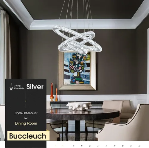 Vista 7 de Buccleuch Moderna araña de cristal, lámpara colgante LED regulable de 3 anillos, lámpara de techo ajustable de acero inoxidable, lámpara de araña