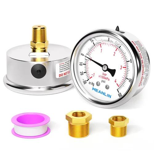 Vista 88 de MEANLIN MEASURE - Manómetro electromecánico de acero inoxidable, relleno de líquido, esfera con cara de 2.5 pulgadas, NPT de 1/4 de pulgada, agua