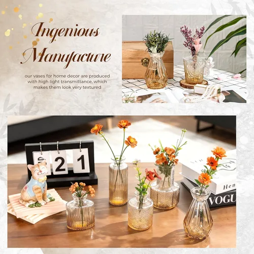 Vista 5 de Der Rose Juego de 12 jarrones de vidrio ámbar, pequeños jarrones para flores, centros de mesa rústicos de boda y decoración del hogar