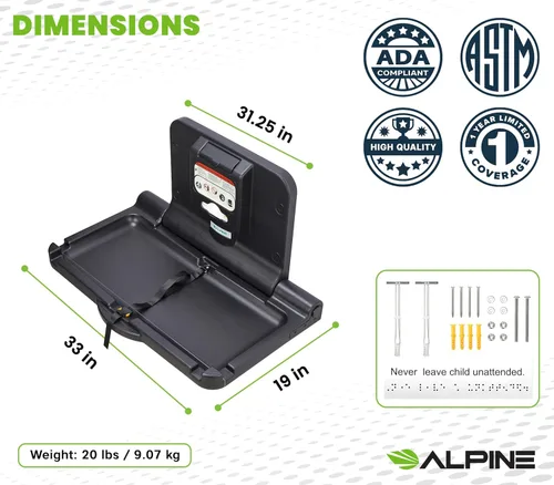 Vista 2 de Estación de cambio de pañales para bebé montada en la pared Alpine - Mesa de cambio de bebé horizontal. Mesas de pañales plegables con correa