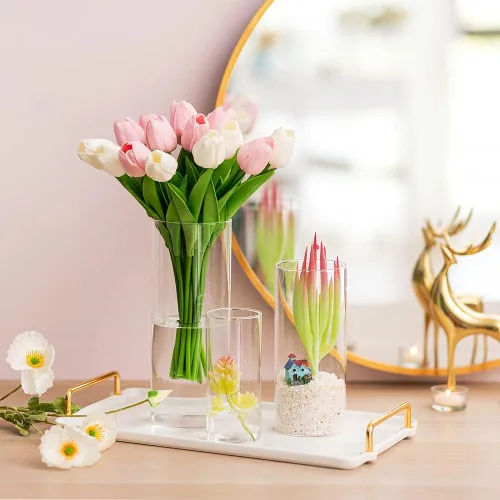 Vista 3 de Hewory - Juego de 12 jarrones cilíndricos de vidrio, jarrón transparente alto para centros de mesa, portavelas de vidrio para velas flotantes