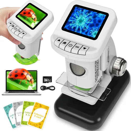 Microscopio digital recargable para niños 1200X – 2 pulgadas pantalla LCD STEM juguete con tarjeta SD 32G para foto/video, microscopio de bolsillo