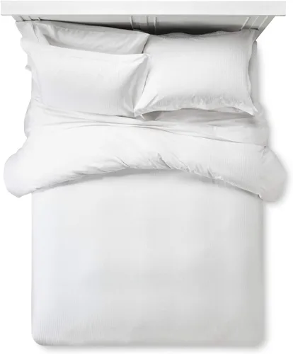 Vista 10 de Feather & Stitch - Juego de funda de edredón tamaño Queen de 500 hilos, diseño de rayas de damasco de 3 piezas, tamaño Full, funda de edredón 100%