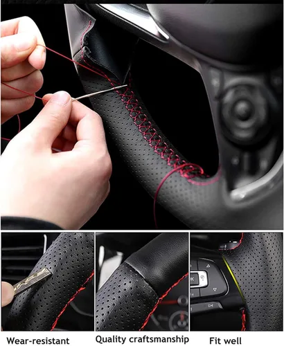 Vista 6 de Funda de cuero negro cosida a mano para volante de automóvil, para Nissan March 2010-2015 / Sunny 2011-2013 / Versa 2012-2014