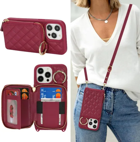 Vista 10 de Funda tipo cartera tipo bandolera para iPhone 11, de piel sintética, con cremallera, tipo cartera, con función atril, con ranuras para tarjetas