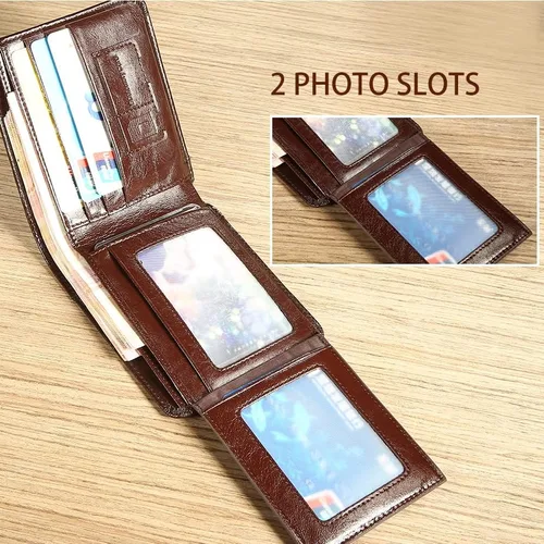 Vista 4 de Cuero de vaca auténtico cartera de lujo para hombre, de lujo, original, de tres pliegues, primera capa, de piel vacuna, horizontal, moda, Café