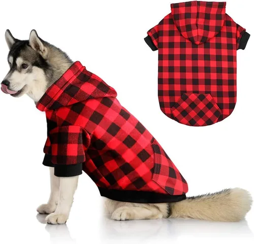 Vista 9 de Sudadera con Capucha a Cuadros Rojos para Perros, Ropa para Mascotas con Capucha y Bolsillo (XS)