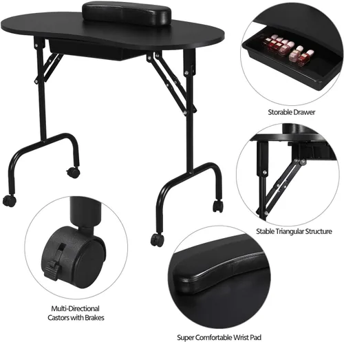 Vista 4 de Yaheetech Mesa de manicura portátil y plegable de 37 pulgadas, estación de trabajo con cajón grande, almohadilla de muñeca para cliente, ruedas Negro