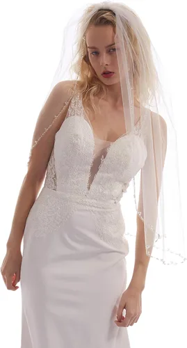 Vista 5 de Velos de novia de color marfil de 1 nivel, con cuentas de longitud media, para bodas, largos con cristales 81