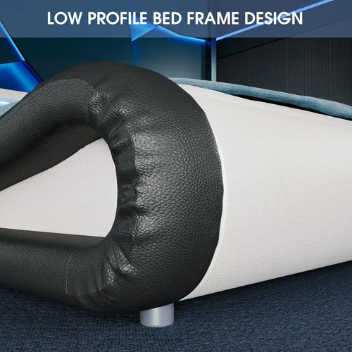 Vista 20 de WEEWAY Base de cama moderna tamaño Queen con cabecera de luces LED RGBW, diseño de trineo tapizado de perfil bajo, soporte de listones de madera