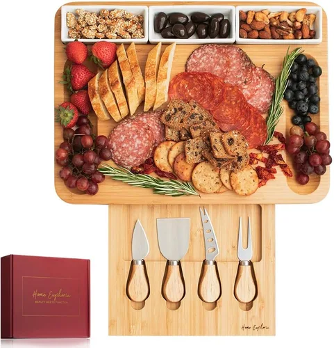 Home Euphoria Juego de tabla grande de bambú para charcutería y cuchillos, tabla de queso con cuencos, hermoso regalo para mamá
