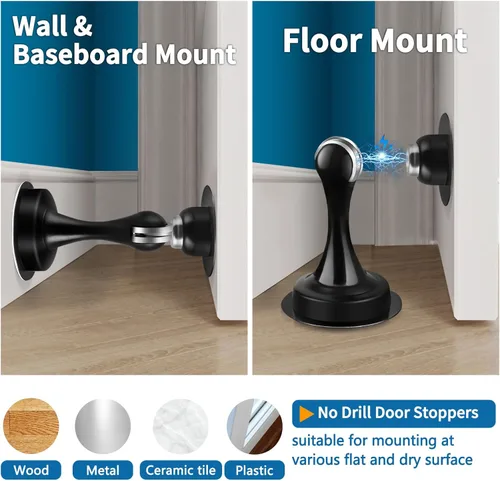 Vista 5 de Tope magnético de puerta, autoadhesivo, tope magnético de puerta negro para montaje en pared, protector de pared de tope de puerta de acero