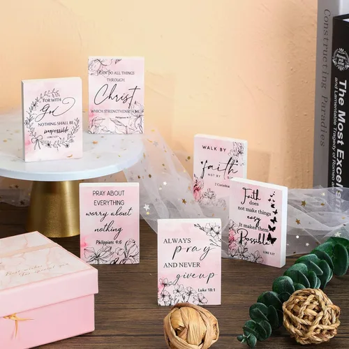 Vista 4 de 6 piezas de versículo bíblico para decoración de pared, mini letrero cristiano de madera para mesa, placas de madera inspiradoras, letreros
