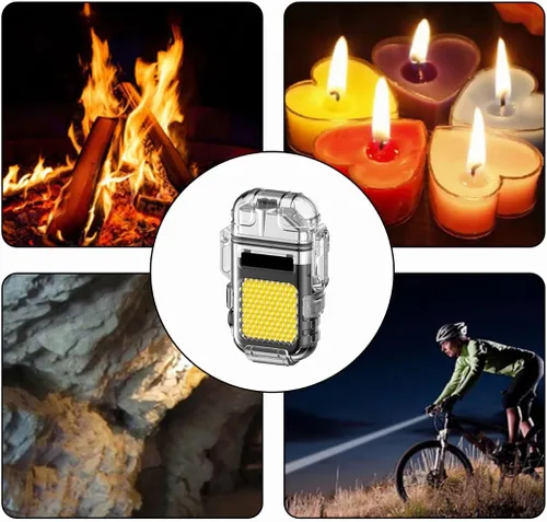 Vista 7 de Encendedor eléctrico de arco al aire libre, encendedor recargable por USB, linterna LED, encendedor de plasma de doble arco perfecto para camping