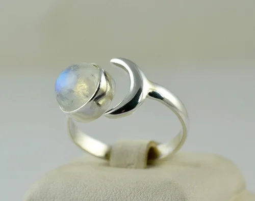 Vista 6 de Navya Craft Anillo de plata de ley 925 con piedra lunar y luna creciente, ajustable, para mujer, piedra lunar arcoíris natural, joyería hecha a