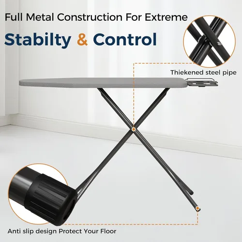 Vista 7 de BEWISHOME Tabla de planchar plegable, tabla de planchar compacta con 7 alturas ajustables y soporte de hierro de seguridad, patas de marco de metal