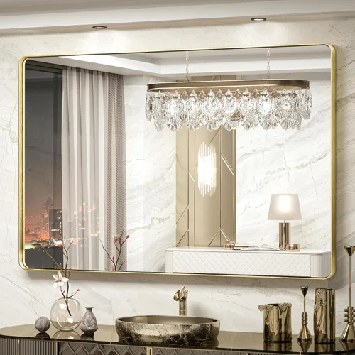 Vista 59 de TokeShimi Espejo de pared de baño de níquel cepillado de 20 x 30 pulgadas, marco de metal, esquina redonda, rectangular, para decoración del hogar