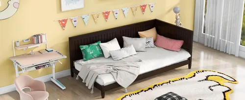 Vista 82 de Sofá cama de tamaño individual con 2 cajones y barandilla rústica, cama de plataforma capitán de madera con soporte de listones resistente, sofá