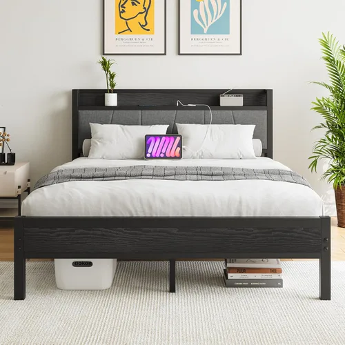 Vista 27 de BOFENG Base de cama de tamaño matrimonial con cabecera de almacenamiento, estación de carga USB, plataforma de metal resistente, marco de cama doble