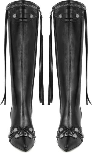 Vista 3 de Dsevht Botas altas hasta la rodilla negras de aguja para mujer, botas de tacón alto de moda con cremallera