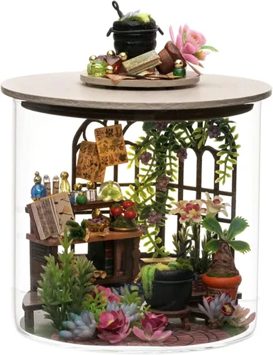 Vista 9 de Spilay Kit de muebles de madera en miniatura para casa de muñecas, modelo de casa de muñecas hecha a mano con cubierta antipolvo y LED, escala 1:24