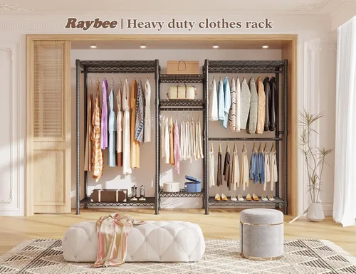 Vista 8 de Raybee Perchero de ropa resistente para colgar ropa, perchero ajustable para colgar ropa, negro, 13.9 pulgadas de profundidad x 70.6 pulgadas