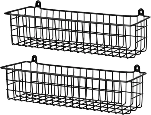 Organizador de especias para montaje en pared, paquete de 2 cestas de almacenamiento de alambre negro para pared o puerta de gabinete en cocina y