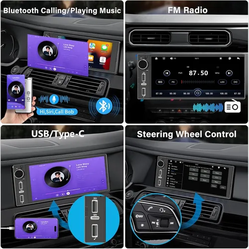 Vista 3 de Estéreo de automóvil DIN único de 6 pulgadas, Apple CarPlay y Android Auto, pantalla táctil IPS, manos libres Bluetooth, enlace espejo, cámara