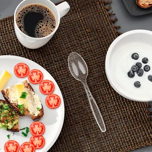 Vista 6 de Party Bargains Juego de cubiertos desechables Color: zafiro transparente 400 piezas: 100 cucharaditas, 100 cucharaditas, 100 cucharas soperas, 100