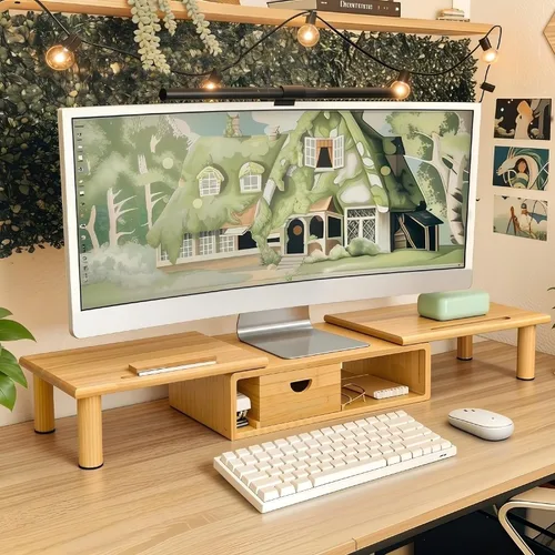 Vista 2 de Soporte elevador de monitor dual con cajón para escritorio, estante para portátil con longitud y ángulo ajustables, soporte de bambú