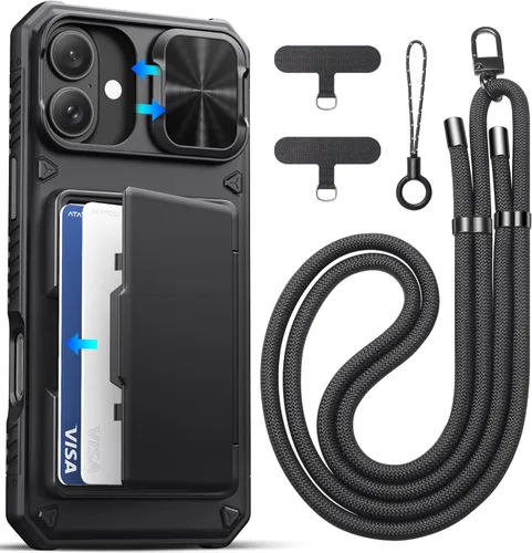 Vista 29 de ATATOO Funda para iPhone 16 con tarjetero (almacena 3-5 tarjetas) [bloqueo RFID] y funda para cámara deslizante, protección de grado militar, funda