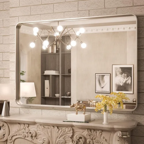Vista 86 de TokeShimi Espejo de pared de baño de níquel cepillado de 20 x 30 pulgadas, marco de metal, esquina redonda, rectangular, para decoración del hogar