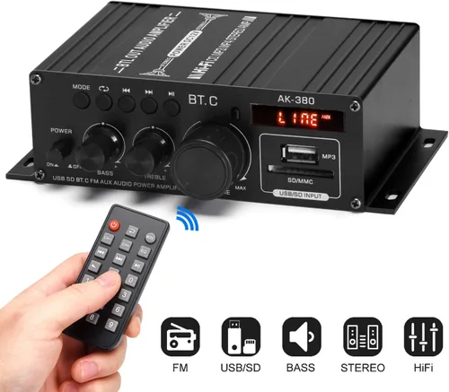 Vista 2 de AK-380 Bluetooth 5.0 Amplificador de audio para el hogar, máximo 400W+400W 2.0CH HiFi Stereo con fuente de alimentación de 12 V 5 A, receptor