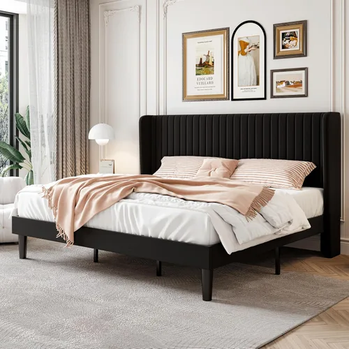 Vista 23 de SHA CERLIN Base de cama de terciopelo tamaño Queen con cabecera capitoné de canal vertical, plataforma tapizada con listones de madera, no necesita