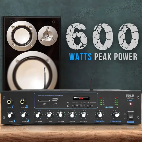Vista 5 de Pyle Amplificador profesional y receptor Bluetooth sistema de audio estéreo, radio FM, (2) tomas de entrada de micrófono de 1/4 pulgadas
