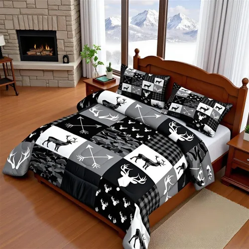 Vista 52 de Manfei Juego de Edredón de Siluetas de Animales con Astas de Ciervo Tamaño Full, Juego de Ropa de Cama de Camuflaje con Cuadros Geométricos de 3