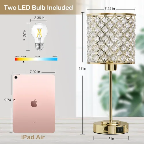 Vista 3 de Lámpara de mesa de cristal GyroVu para dormitorio, lámpara de mesita de control táctil con puertos USB-C+A, lámpara de noche regulable dorada
