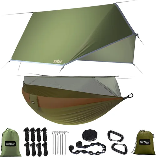 Vista 11 de Sunyear Hamaca de Camping, Hamaca Portátil Individual y Doble con Red, Tienda de Hamaca para 2 Personas con 2 Correas de 3 metros, Ideal