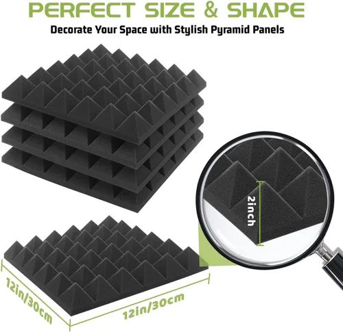 Vista 2 de Paquete de 56 paneles de espuma acústica, 12 x 12 x 2 pulgadas, paneles de espuma a prueba de sonido para paredes, pirámide, insonorización, espuma