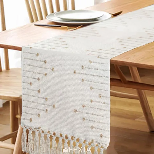 Vista 4 de FEXIA - Camino de mesa bohemio con borlas, para decoración del hogar, de macramé para decoración de habitación, comedor, dormitorio, despedida