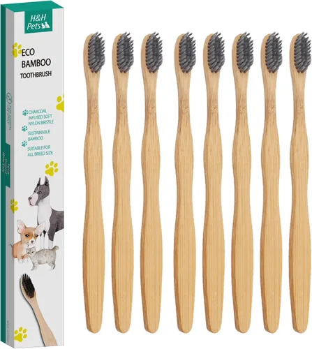 Vista 10 de H&H Pets Juego de cepillos de dientes de bambú para perros y gatos, cerdas ultrasuaves y cepillo de dientes de madera biodegradable, suministros