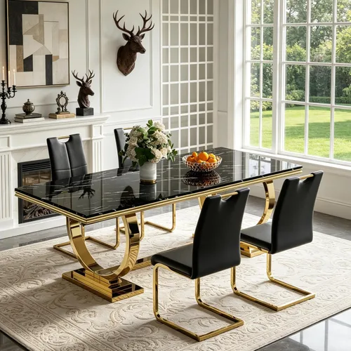 Vista 2 de 5 Piece Black Marble Dining Table Set for 4, Modern Faux Marble Kitchen Dining Room Tables with 4 Leather Chairs Set, 68.11" Luxury Rectangular