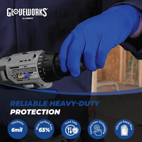 Vista 2 de GLOVEWORKS HD - Guantes desechables industriales de nitrilo azul real, 6 mil, sin látex ni polvo, seguros para alimentos, textura de diamante elevado