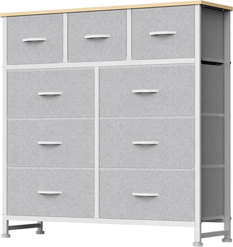 Vista 21 de DUMOS Cómoda de 8 cajones para dormitorio, organizador de almacenamiento de tela con marco de metal resistente, cómoda superior de madera para Negro