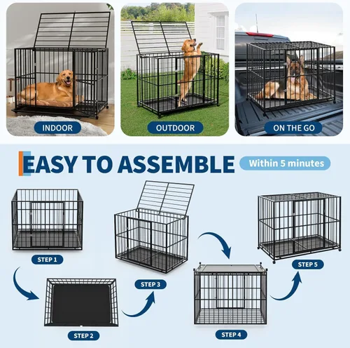 Vista 8 de Jaula para perros de 48 pulgadas, perrera de acero inoxidable para uso en interiores, jaula para perros a prueba de fugas con ruedas y bandeja