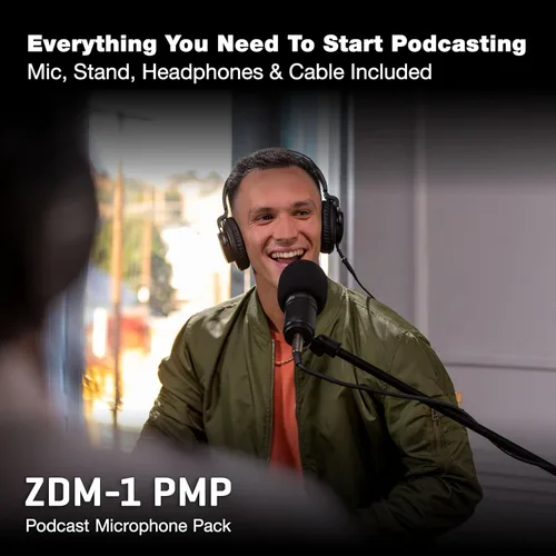 Vista 2 de Zoom El paquete de micrófono para podcast ZDM-1 incluye micrófono dinámico, auriculares, trípode, parabrisas y cable XLR Incluye micrófono