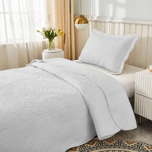 Vista 5 de MarCielo Juego de ropa de cama de 3 piezas, 100 % algodón, juego de colcha de gran tamaño, ligero y bordado, estilo rústico, T0